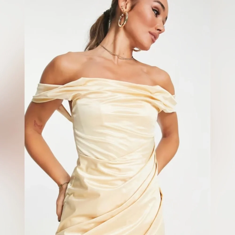 ASOS DESIGN off shoulder bardot tuck midi dress in satin gold-Neutral - Picture 2 of 6
